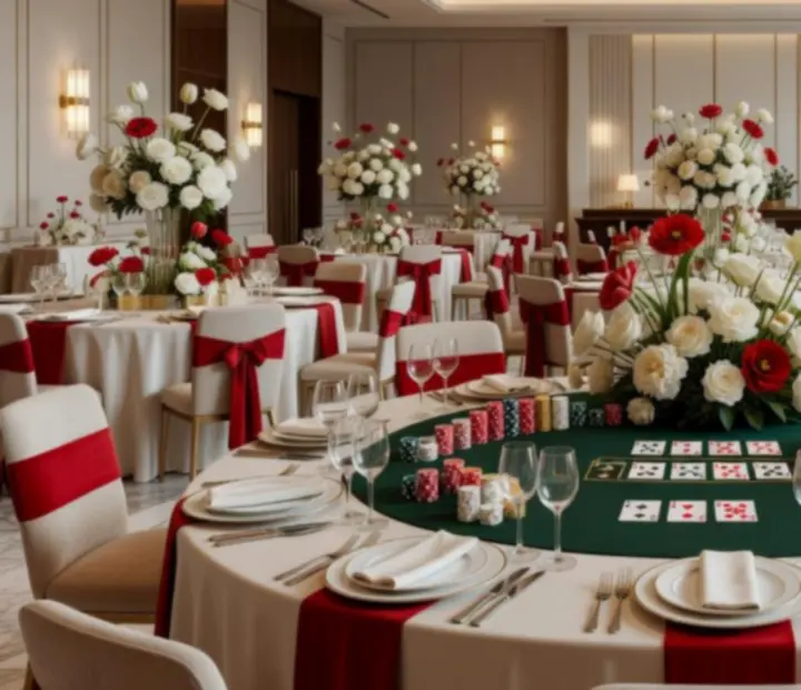 Grande salle lumineuse en préparation avec tables dressées et zone de poker élégante au centre de la réception.