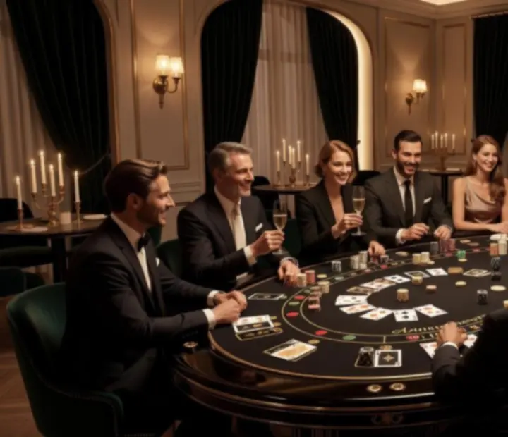 Table de poker avec cartes, jetons, roulette et invités élégants lors d'un anniversaire.