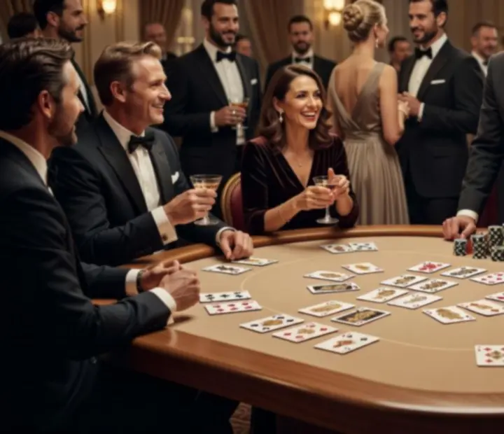 Table de poker élégante avec jetons et cartes dans un décor événementiel contemporain et raffiné.