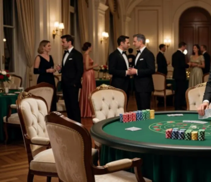 Animation casino hors ligne avec table de poker, roulette, cartes à jouer et jetons dans une ambiance chic.
