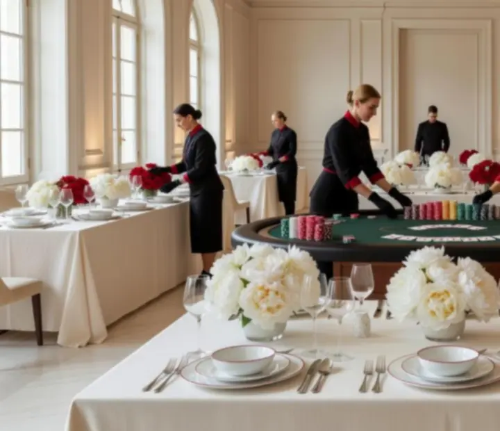 Grande salle d'anniversaire en préparation avec tables dressées, fleurs et zone de salon de cartes avec table de poker et roulette.