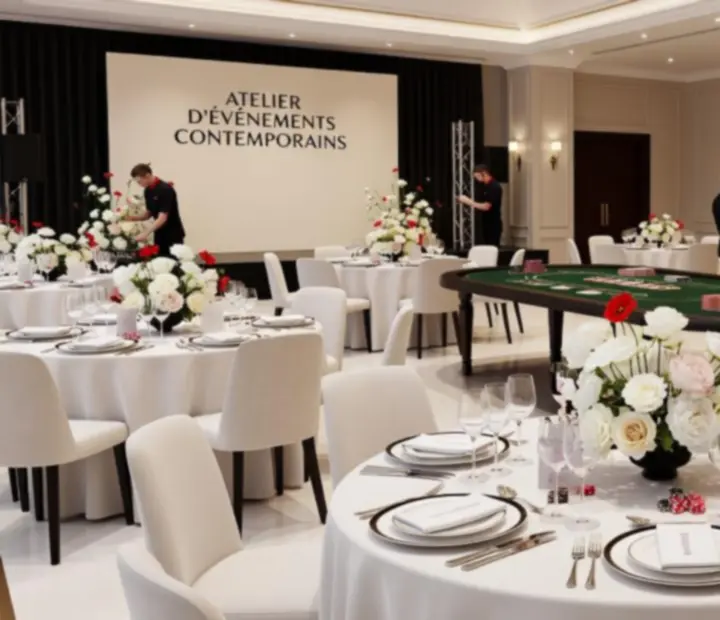 Grande salle en préparation avec tables dressées, fleurs et table de poker élégante.