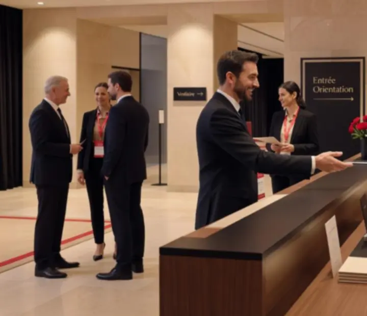 Coordinateur d'événement supervisant l'accueil des invités dans une salle élégante.