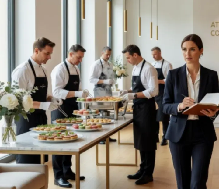 Coordinateur événementiel supervisant une soirée avec tables dressées et animation.