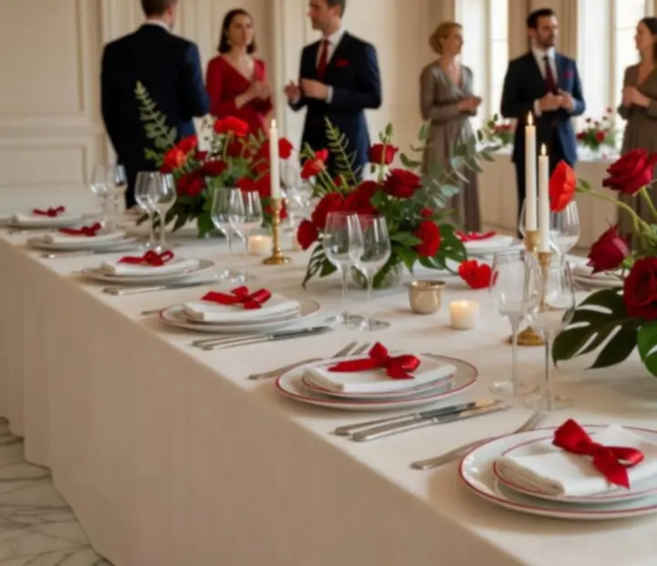 Décoration de table florale élégante avec bougies et lumière douce dans une salle d'événement.