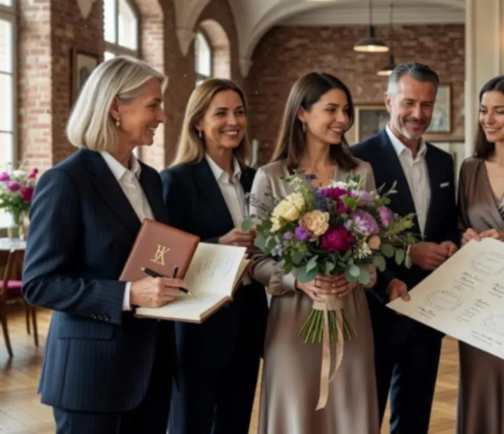 Équipe événementielle française rassemblée autour d'une grande table avec plans, échantillons et photographies d'inspiration.
