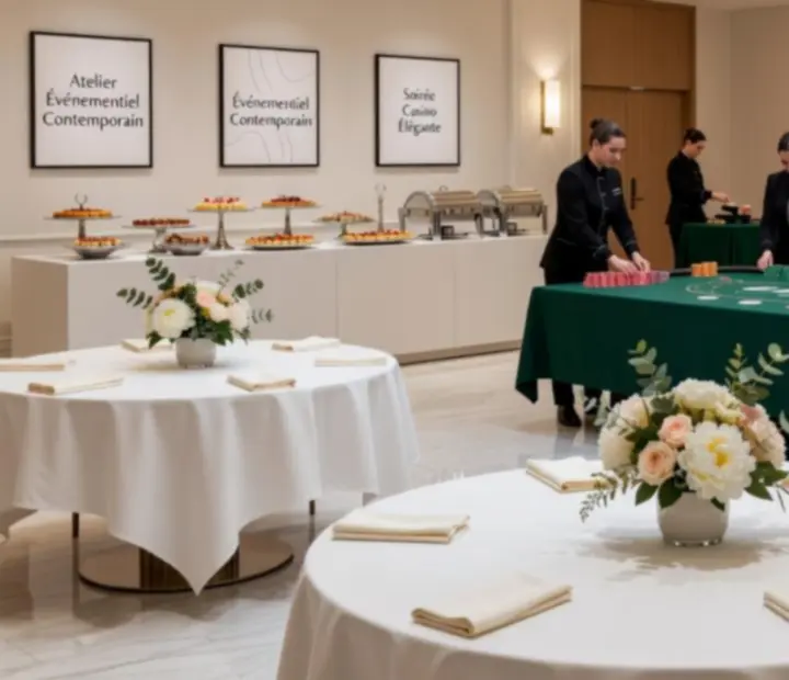 Grande salle événementielle élégante en pleine préparation avec table de poker et roulette intégrées à la scénographie.