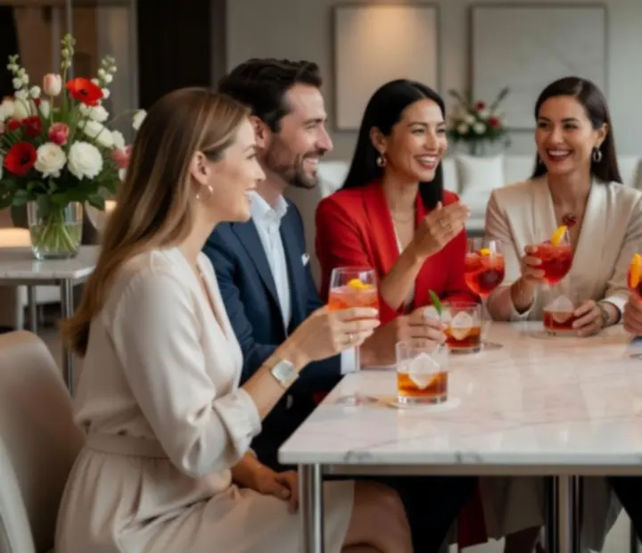 Invités échangeant et riant autour d’un verre dans une ambiance lumineuse et chaleureuse.