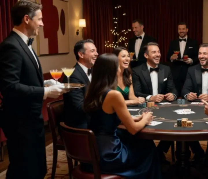 Invités réunis autour d'une table de poker lors d'une soirée casino avec service traiteur et ambiance chaleureuse.