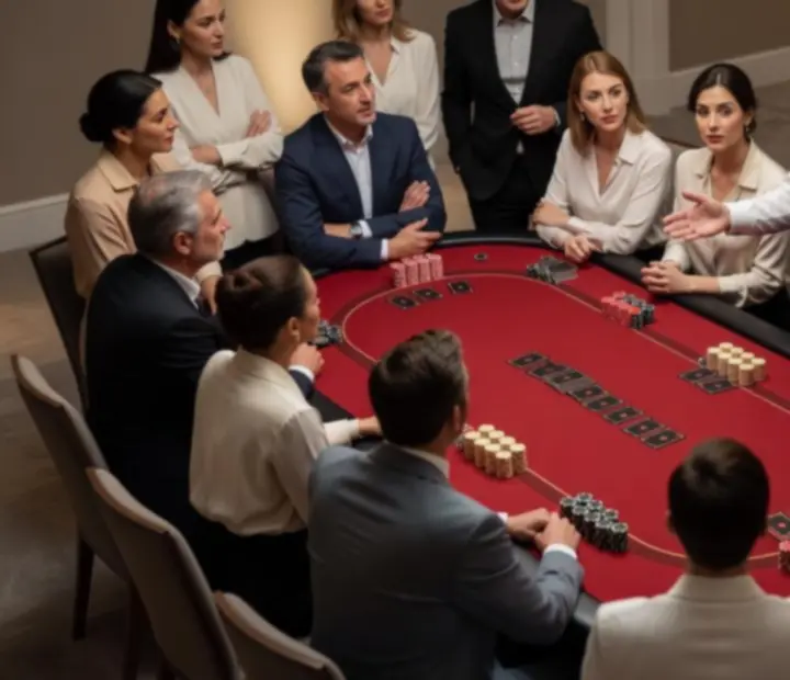 Animation casino hors ligne durant un team-building avec table de poker, roulette et jetons.