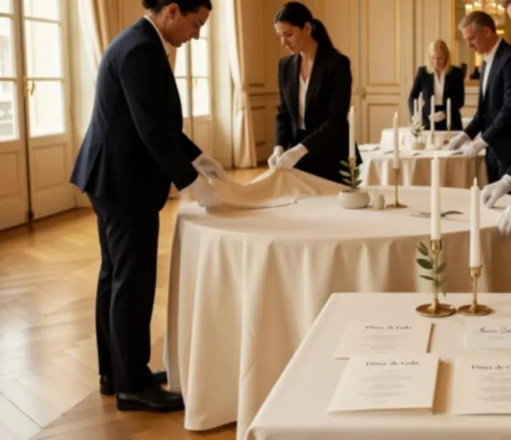 Équipe événementielle en train de disposer les tables, la décoration et les zones de jeux.