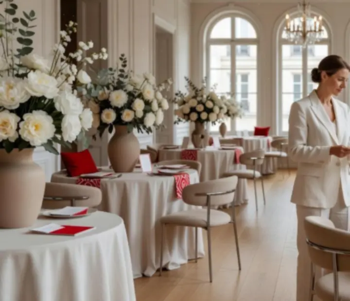 Équipe d'agence événementielle préparant une grande salle décorée avec fleurs, arts de la table et éclairage architectural.