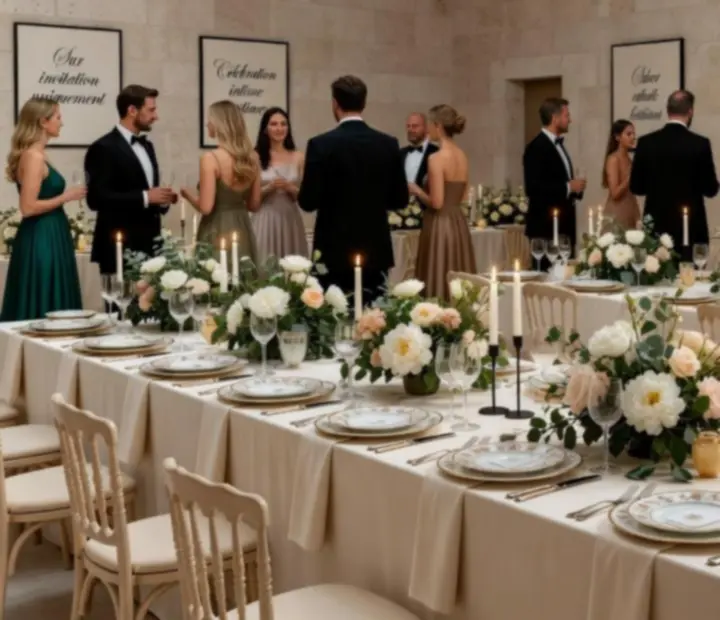 Réception privée élégante avec table décorée, bougies et détails floraux raffinés