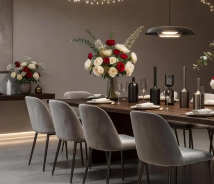 Salle d'anniversaire contemporaine décorée avec tables élégantes, fleurs et mise en lumière subtile.