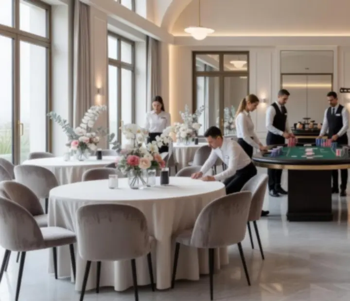 Grande salle de réception en préparation avec tables dressées, compositions florales et une zone centrale de tables de poker et roulette.