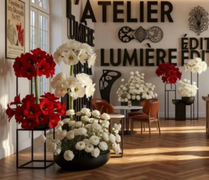 Scénographie d'événement avec décor graphique, fleurs et lumière douce