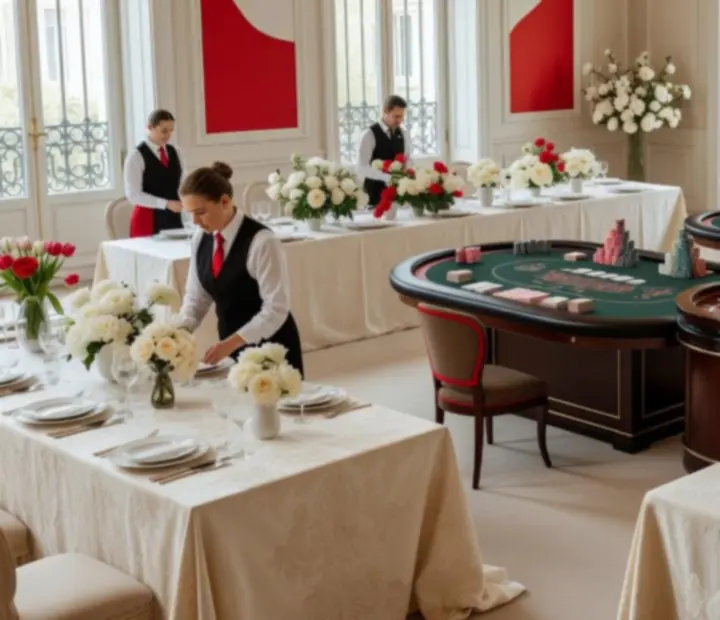 Grande salle préparée pour une soirée casino élégante avec tables de poker, roulette, blackjack et décoration contemporaine.