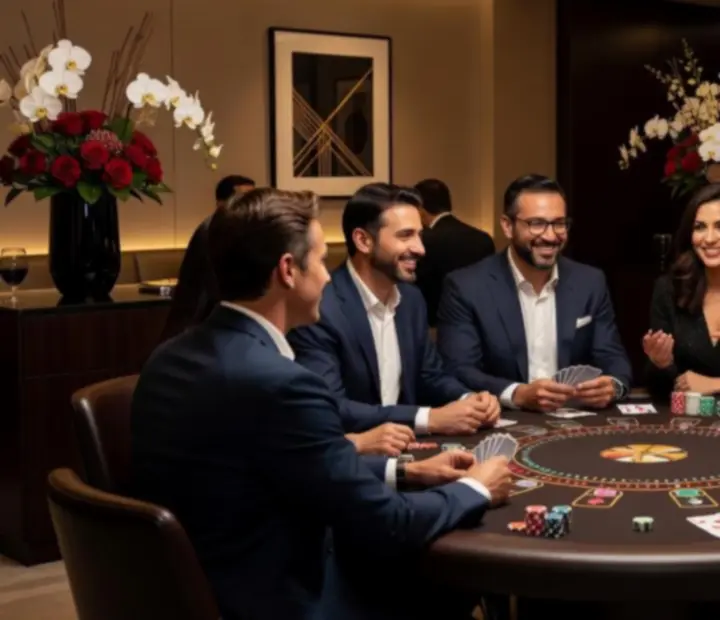 Soirée d'entreprise élégante avec tables de poker et roulette intégrées à un cocktail chic.