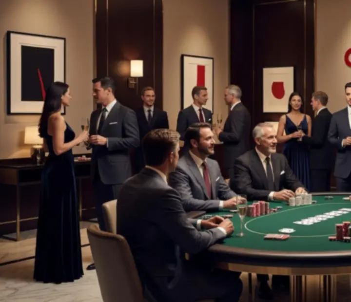 Soirée d'entreprise avec table de poker élégante et invités en tenue de soirée
