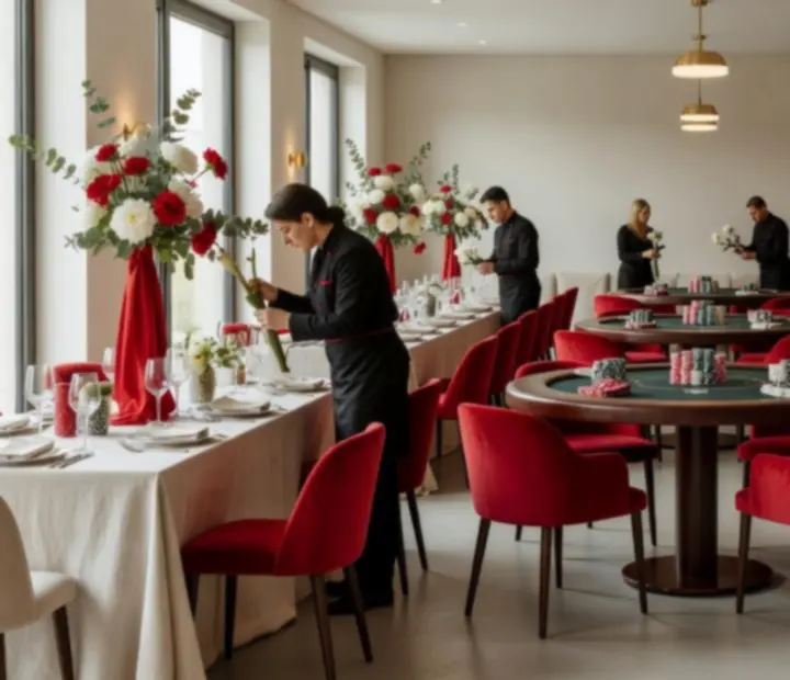 Grande salle en préparation pour une soirée thématique élégante avec table de poker et décor contemporain