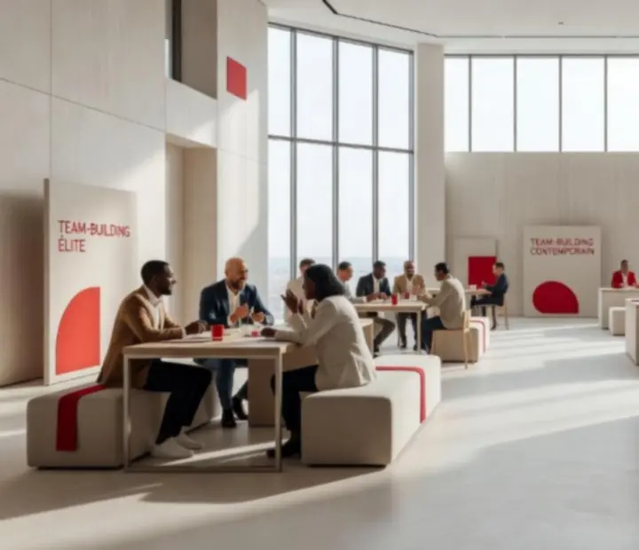 Grande salle préparée pour un team-building : tables décorées, zone de jeux et ambiance lumineuse.