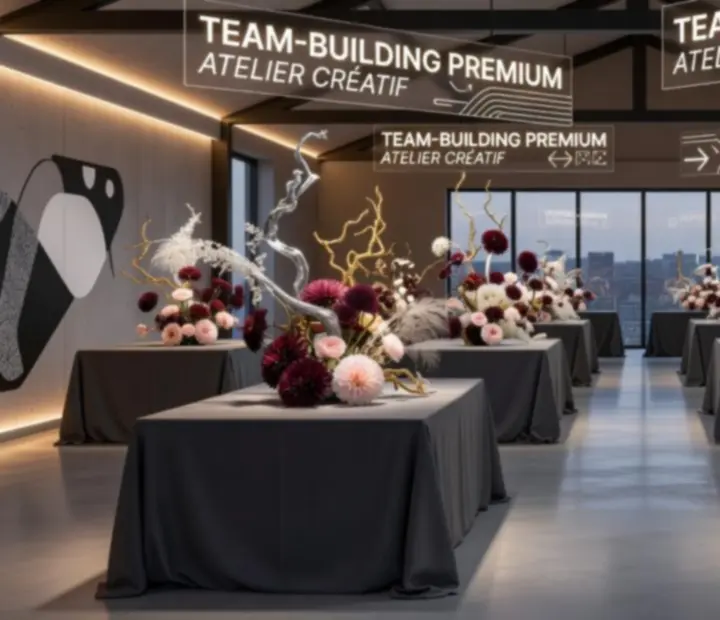Lieu de team-building décoré avec tables élégantes, fleurs et éclairage architectural.