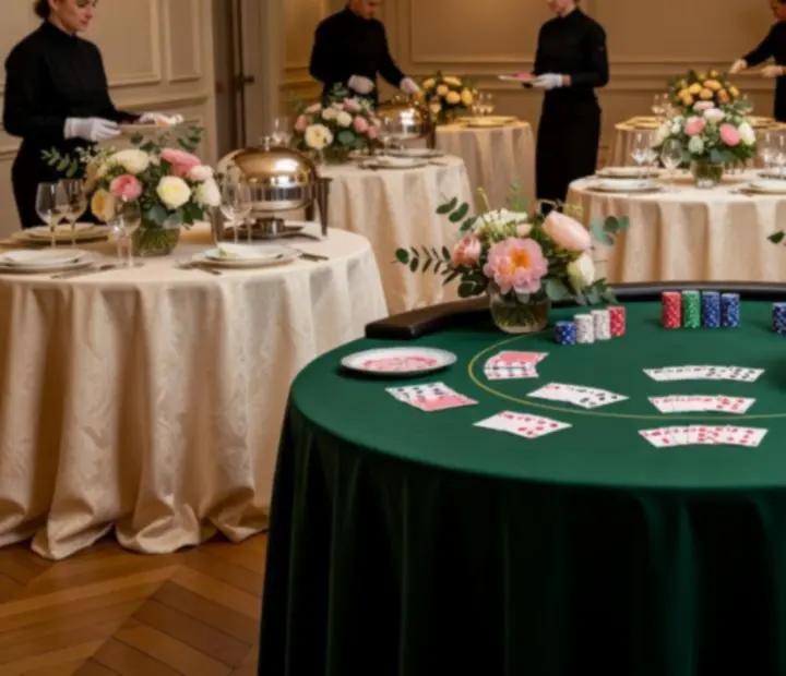 Grande salle en préparation avec tables dressées, éclairage architectural, fleurs et zone de divertissement avec table de poker, roulette, blackjack et jetons.